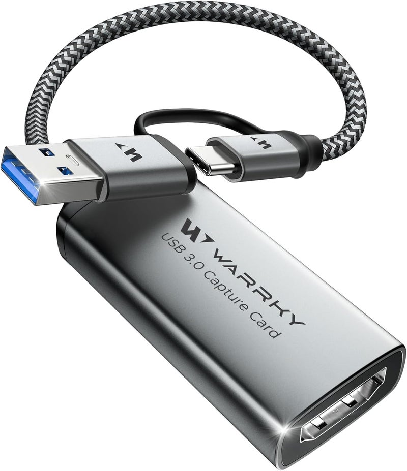 Warrky بطاقة التقاط الفيديو، HDMI إلى USB 3.0 A وجهاز التقاط USB C، إدخال 4K 1080P 60FPS مع زمن انتقال منخفض للبث وتسجيل الألعاب، متوافق مع iPad وQuest 3 وPS5/4 وSwitch2/1 والكاميرا - Image 1